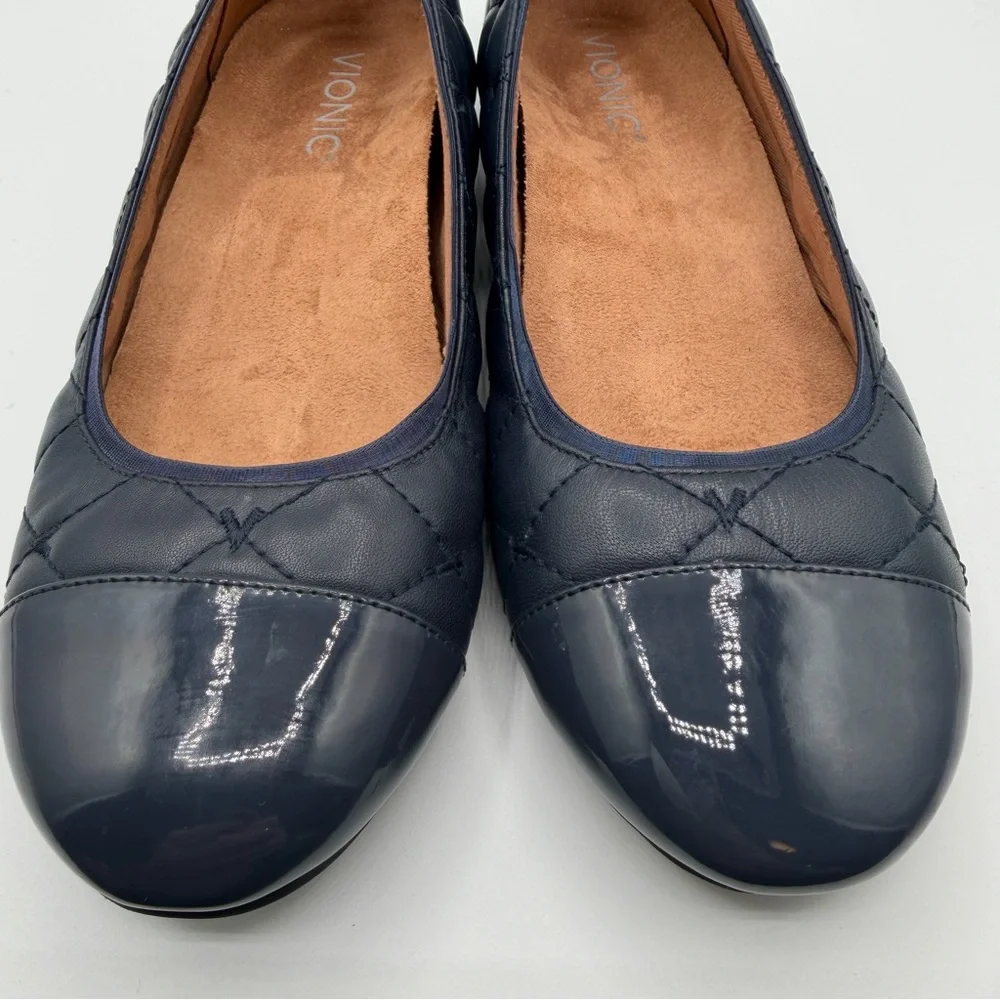 Vionic Desiree Quilted Ballet Flats Navy Patent Cap Toe Comfort Shoes US 7